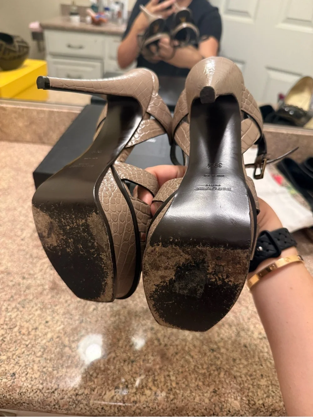 Yves Saint Laurent Taupe Croc-Embossed T-Strap Platform Heels